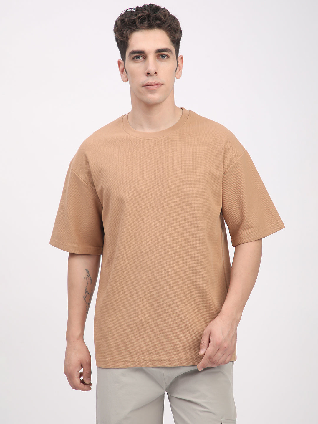 Waffle Knit T-Shirt for Men. (Tan)