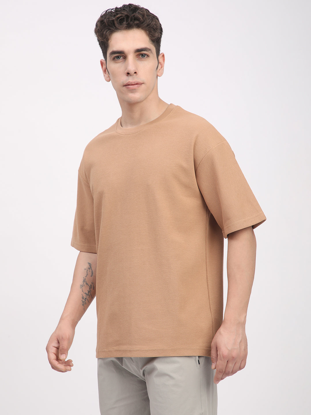 Waffle Knit T-Shirt for Men. (Tan)