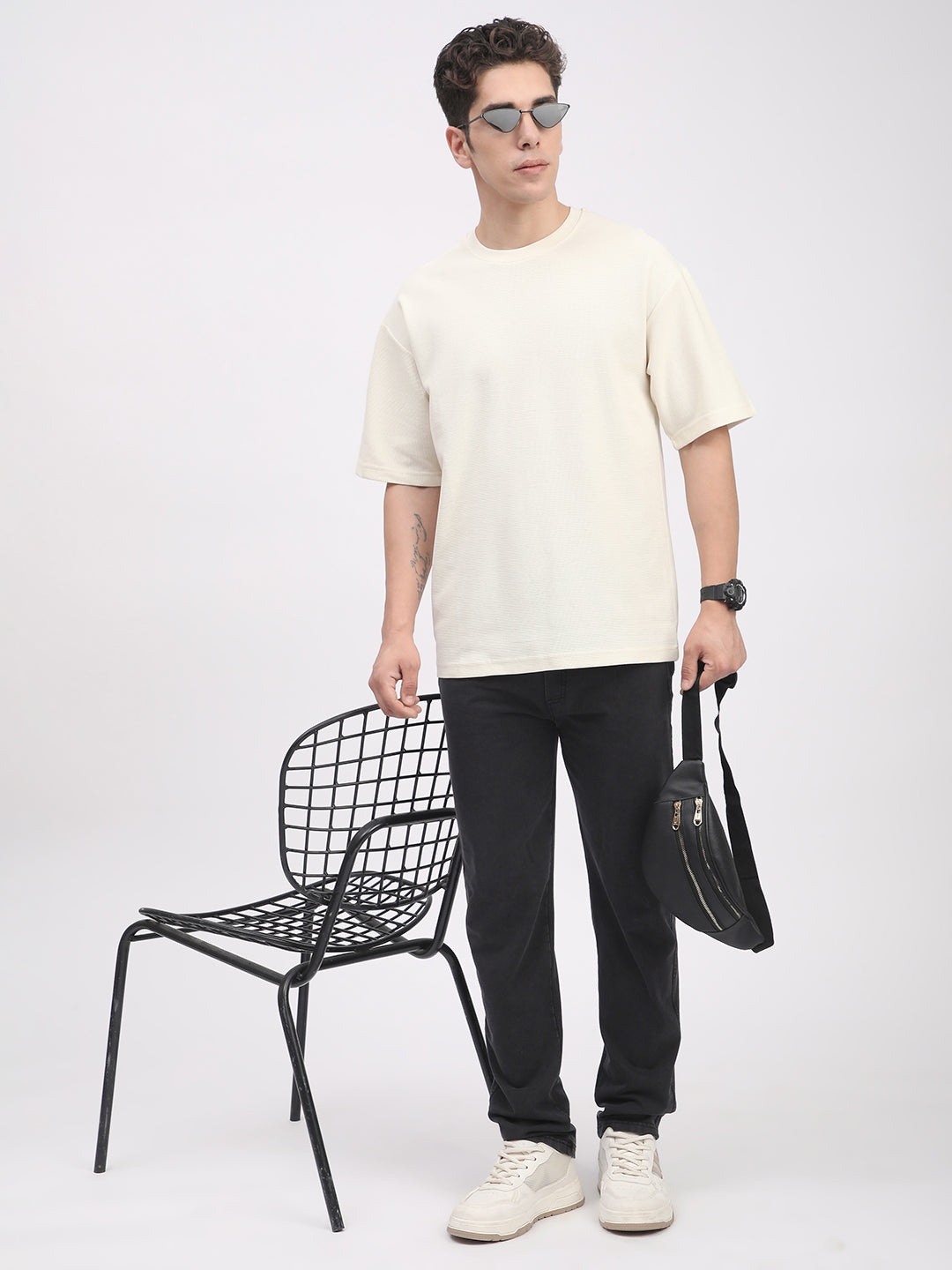 Waffle Knit T-Shirt for Men. (Off-White)