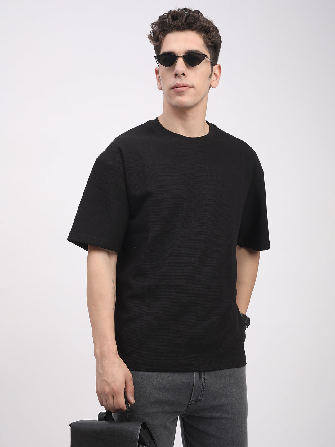 Waffle Knit T-Shirt for Men. (Black)