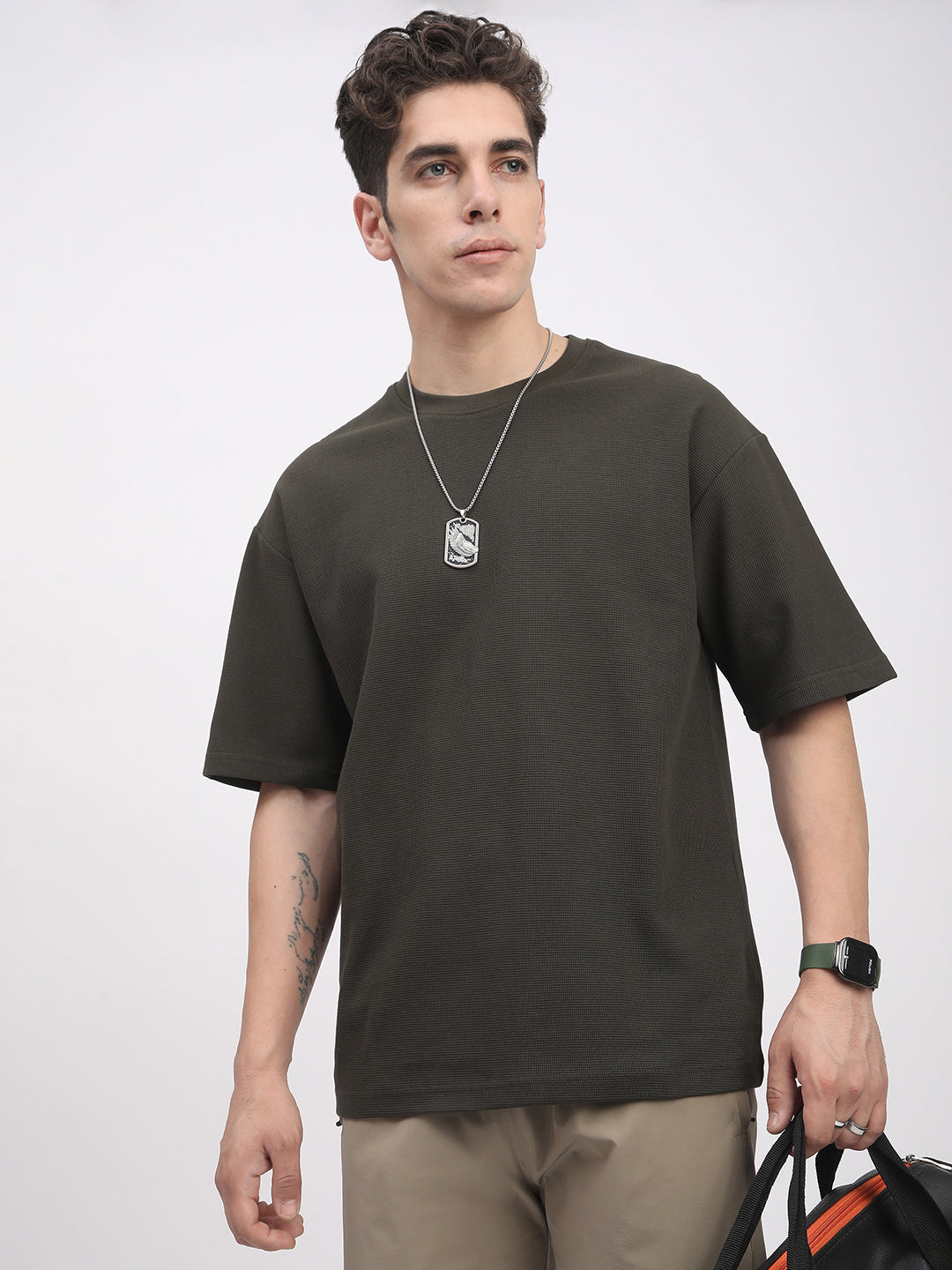 Waffle Knit T-Shirt for Men. (Olive)