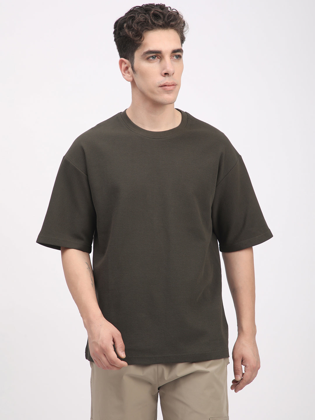 Waffle Knit T-Shirt for Men. (Olive)