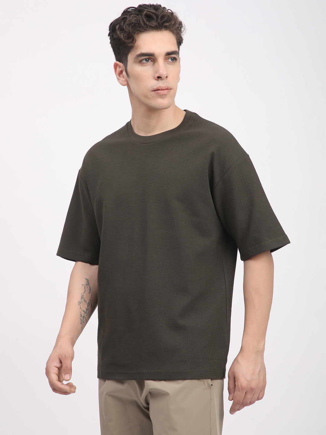 Waffle Knit T-Shirt for Men. (Olive)