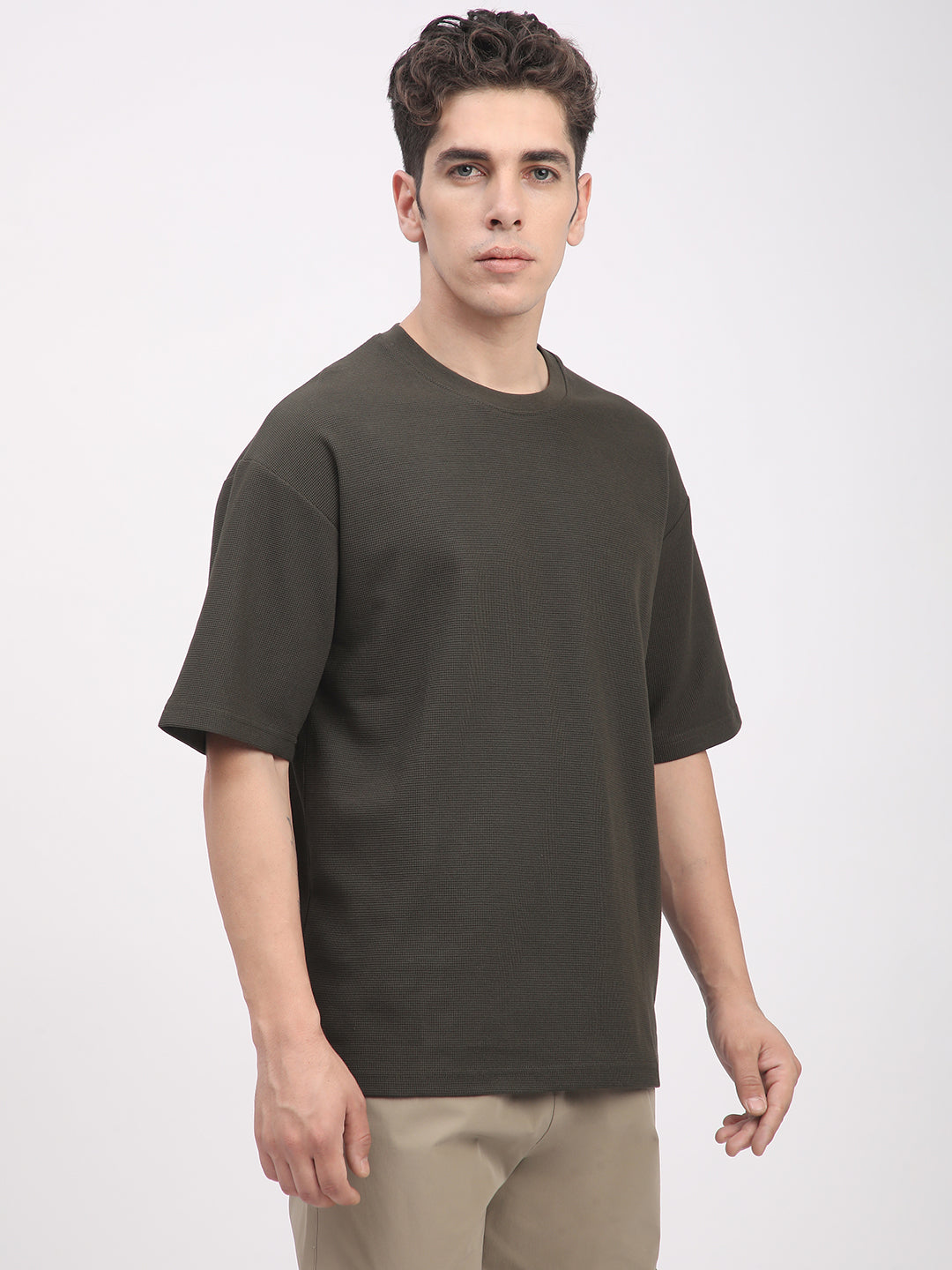 Waffle Knit T-Shirt for Men. (Olive)