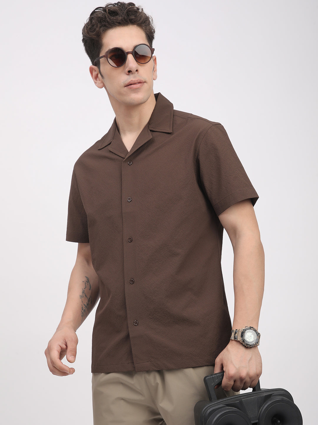 Regular Fit Textured Shirt For Men. (Brown)