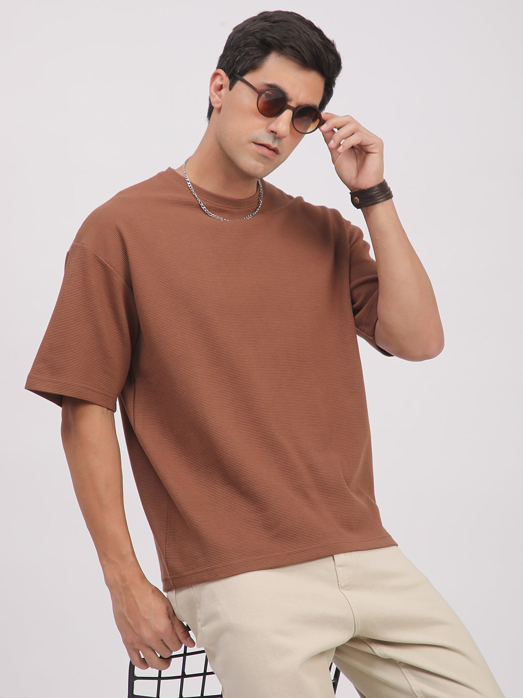 Textured Knit T-Shirt for Men. (Brown)