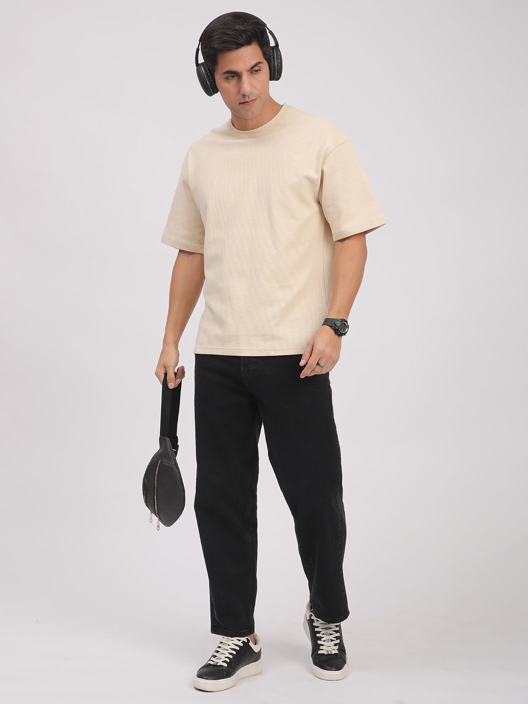 Textured Knit T-Shirt for Men. (Beige)