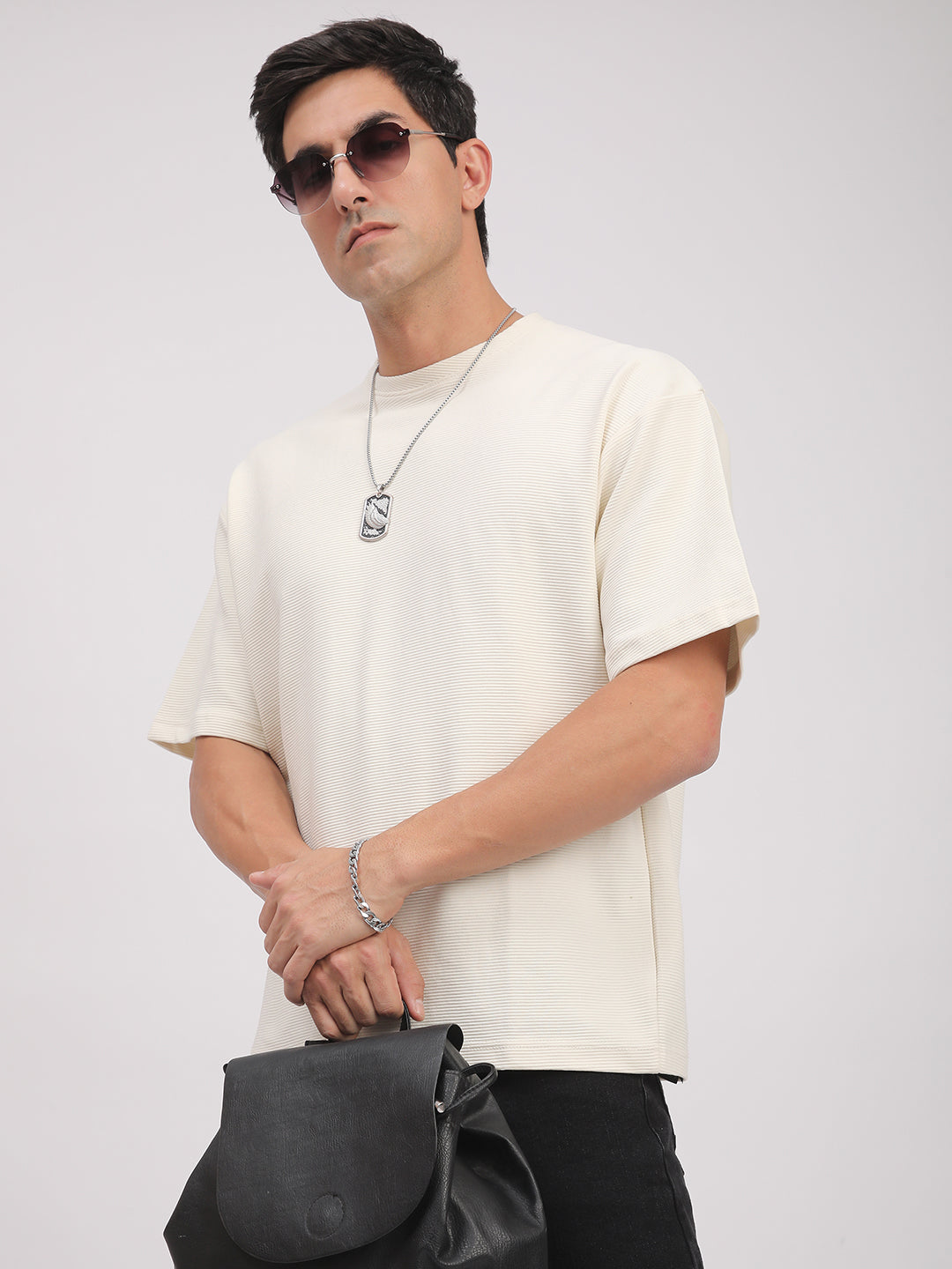 Textured Knit T-Shirt for Men. (Off-White)