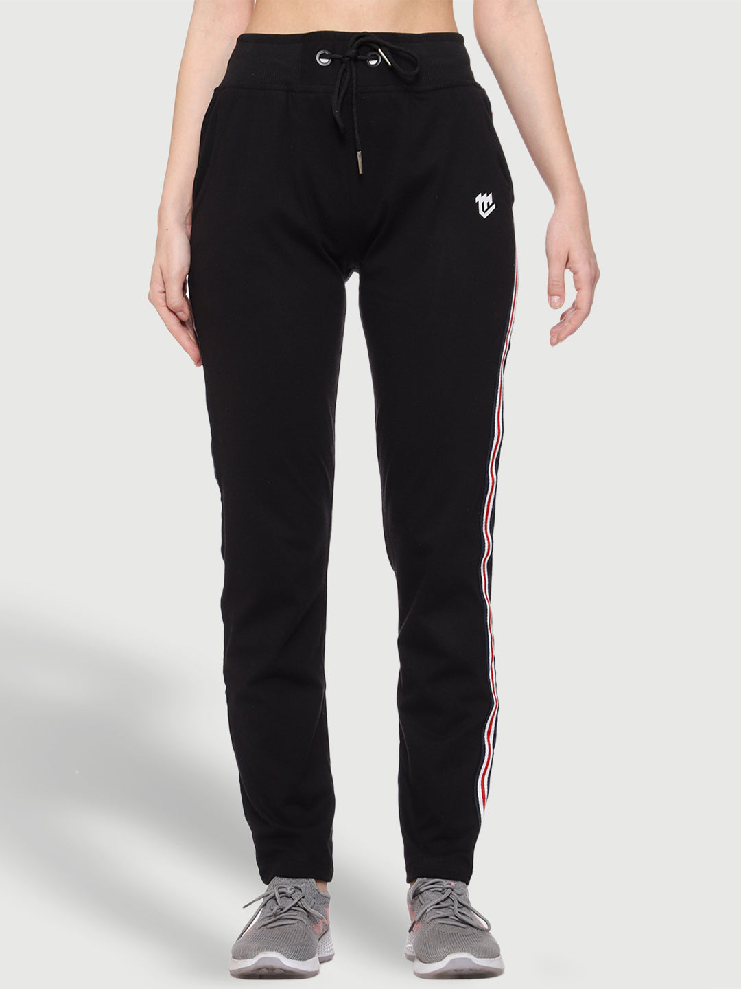 Colorful Side Stripe Black Cotton Track Pant For Women