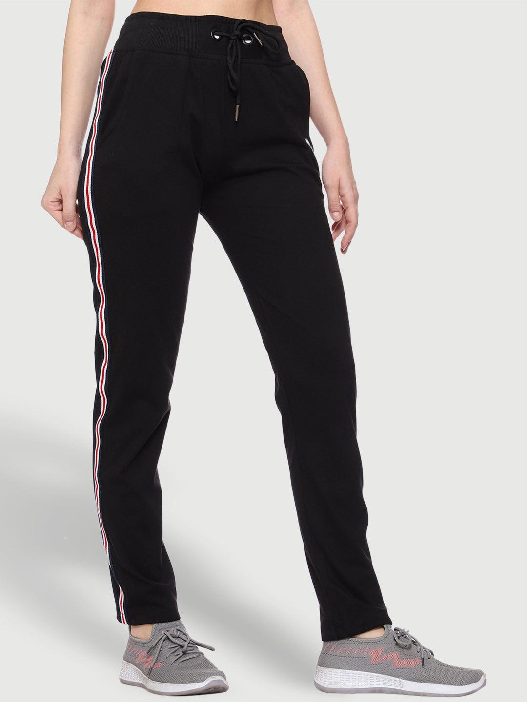 Colorful Side Stripe Black Cotton Track Pant For Women