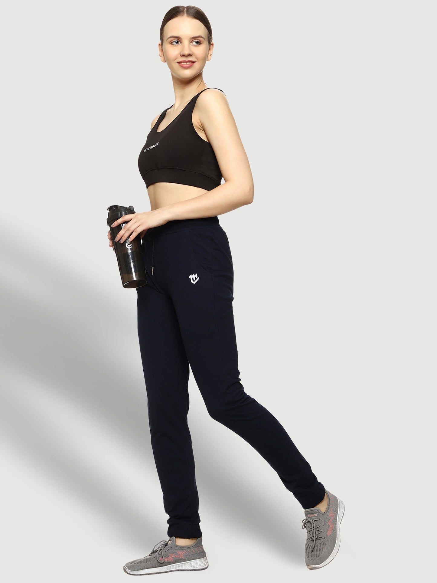 Blue Elastic Bottom Cotton Track Pant For Women