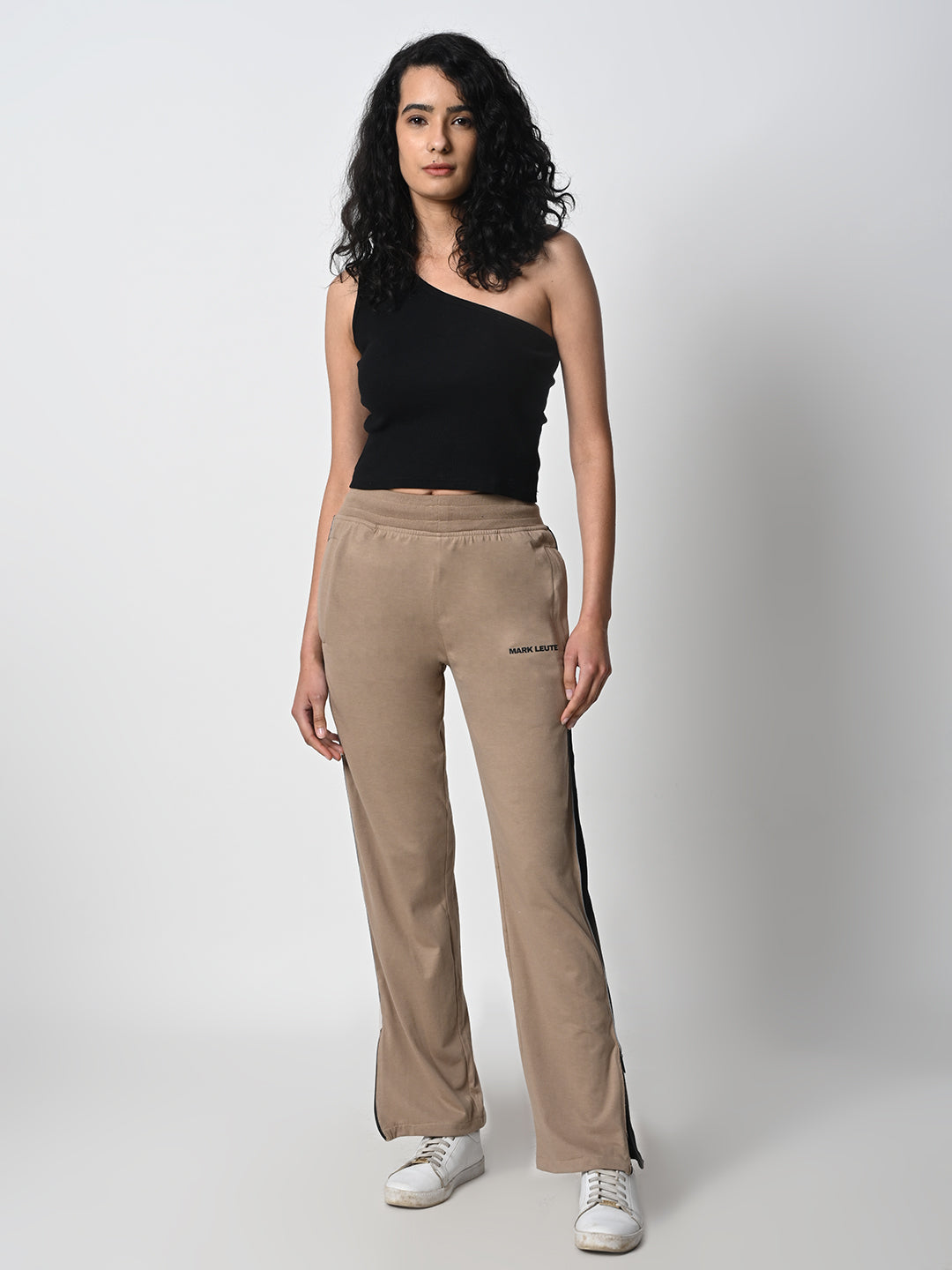 Reflective Side Stripe Cotton Track Pant for Women (Beige)