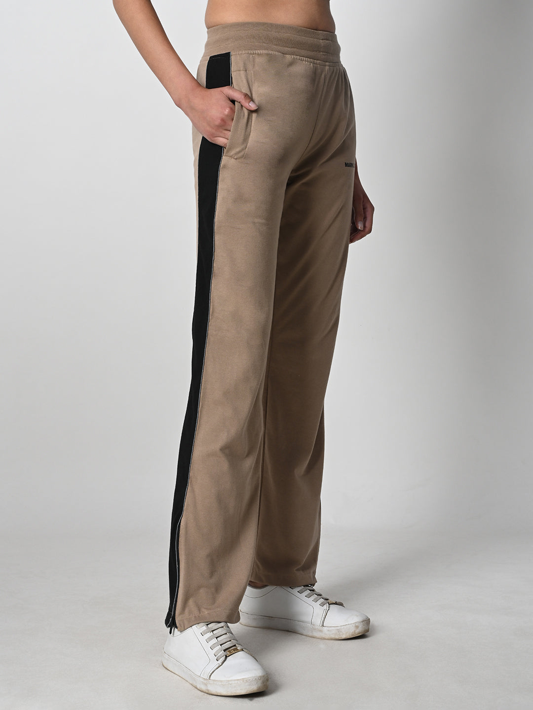 Reflective Side Stripe Cotton Track Pant for Women (Beige)