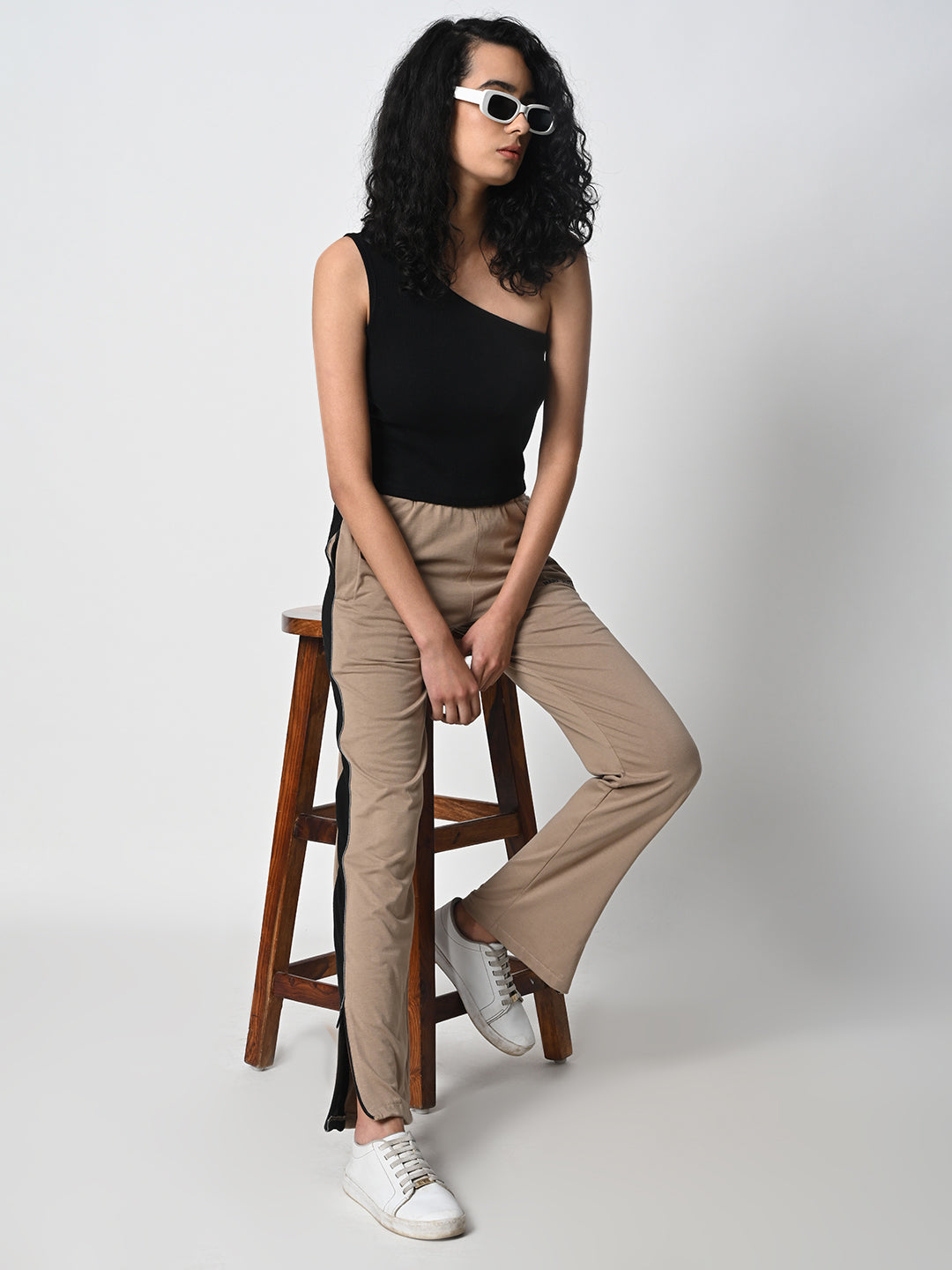 Reflective Side Stripe Cotton Track Pant for Women (Beige)