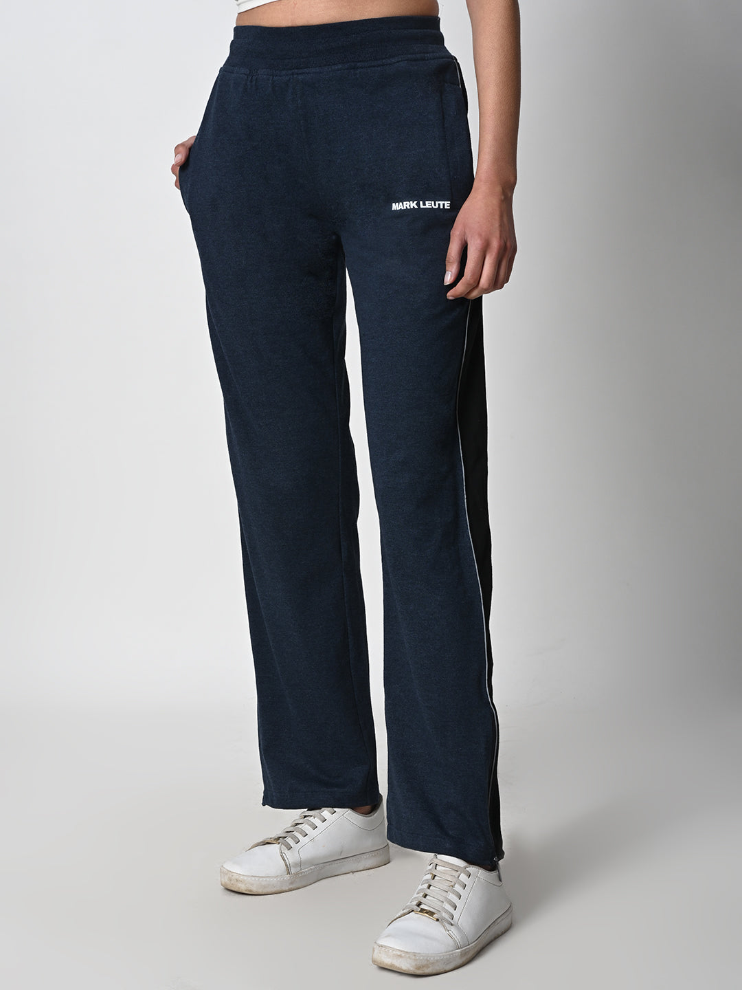 Reflective Side Stripe Cotton Track Pant for Women (Melange Blue)