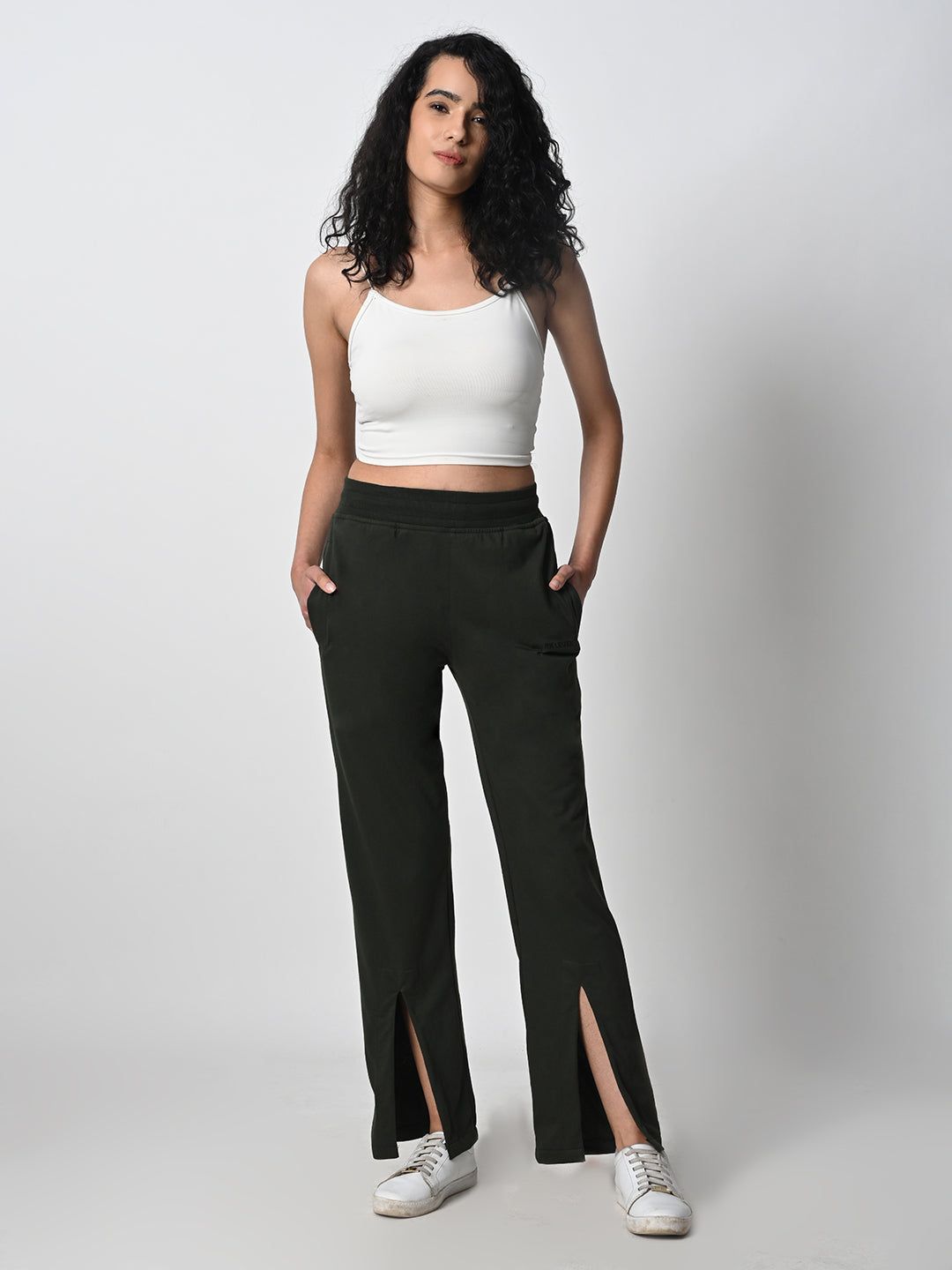 Front Slit Olive Green Track Pant for Women.