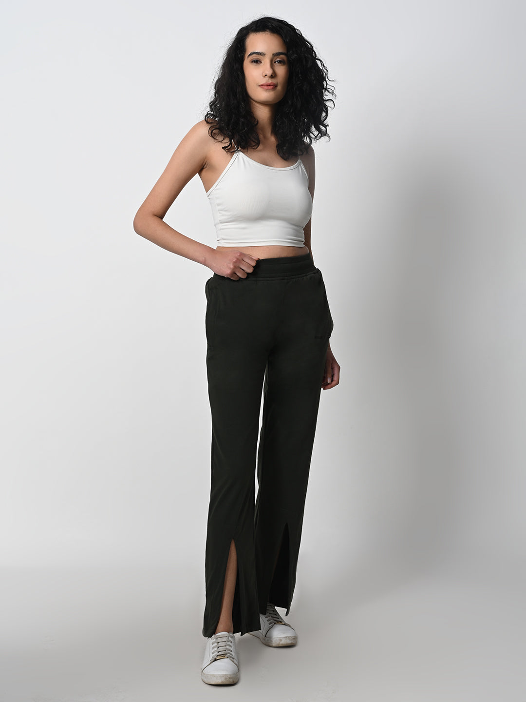 Front Slit Olive Green Track Pant for Women.