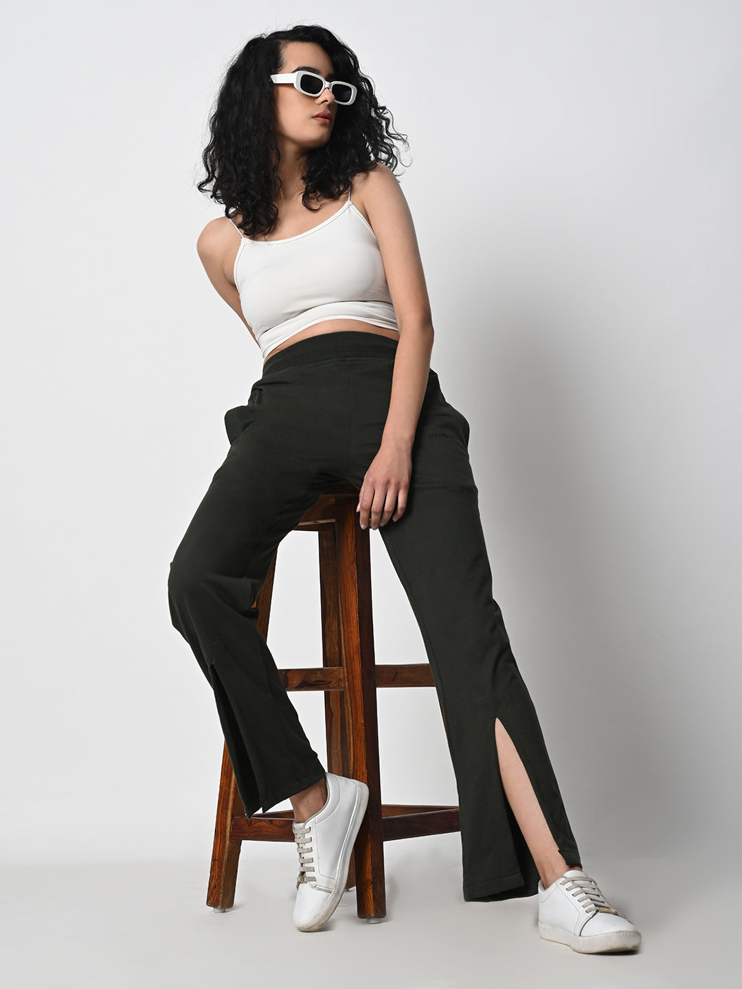 Front Slit Olive Green Track Pant for Women.