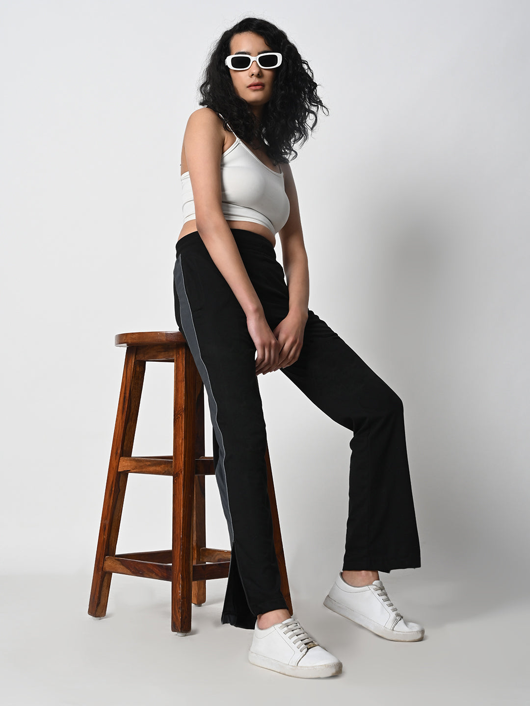 Reflective Side Stripe Cotton Track Pant for Women (Black)