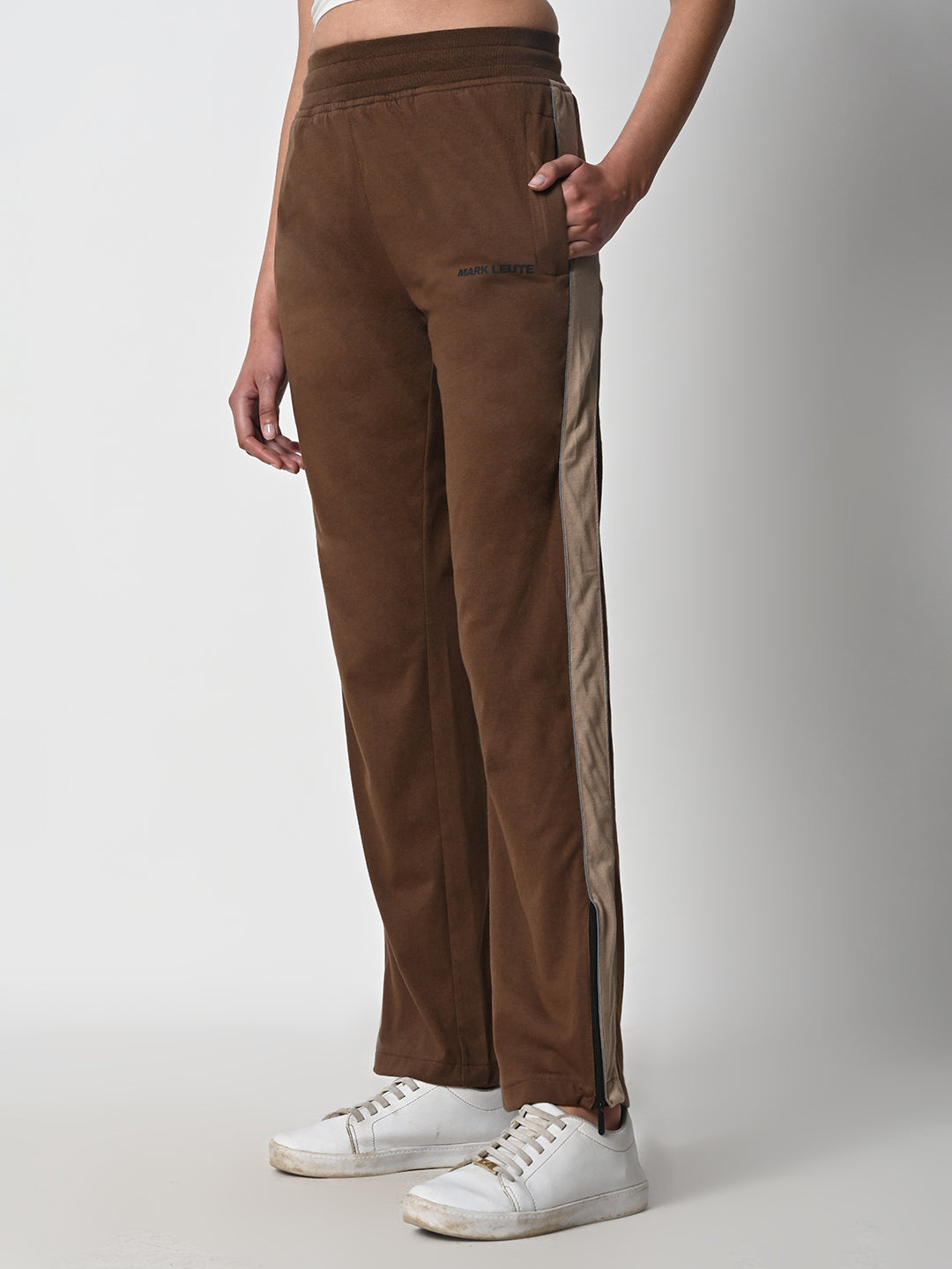 Reflective Side Stripe Cotton Track Pant for Women (Brown)
