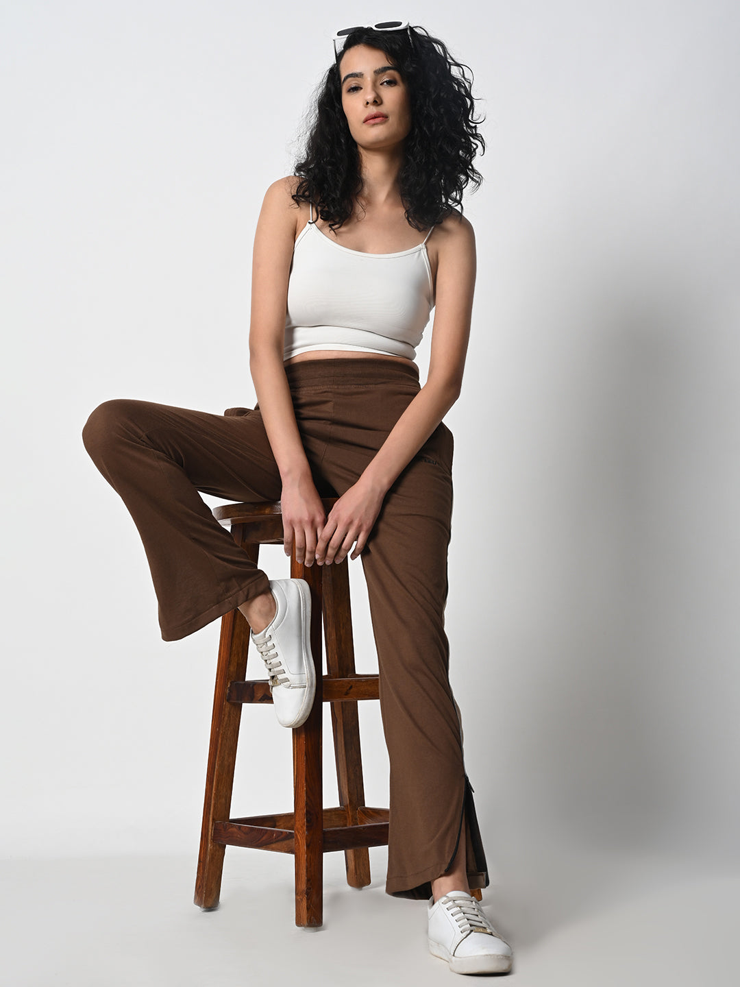 Reflective Side Stripe Cotton Track Pant for Women (Brown)