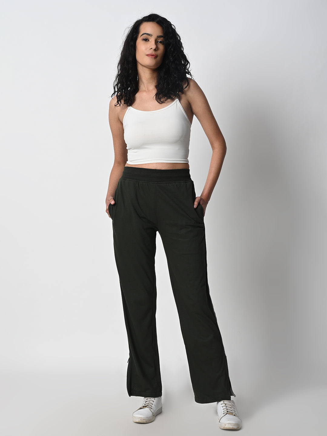 Reflective Side Stripe Cotton Track Pant for Women (Olive Green)