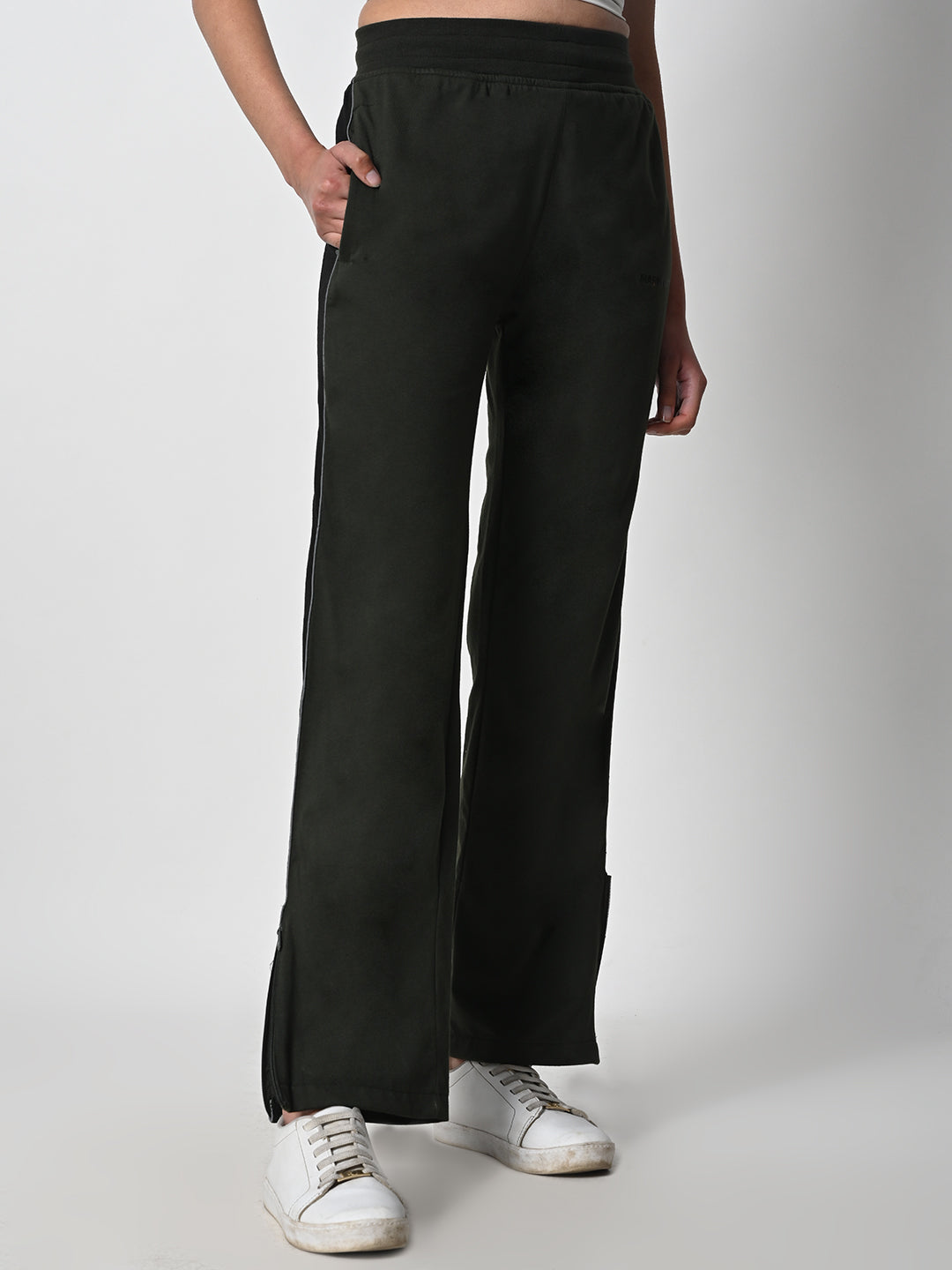 Reflective Side Stripe Cotton Track Pant for Women (Olive Green)