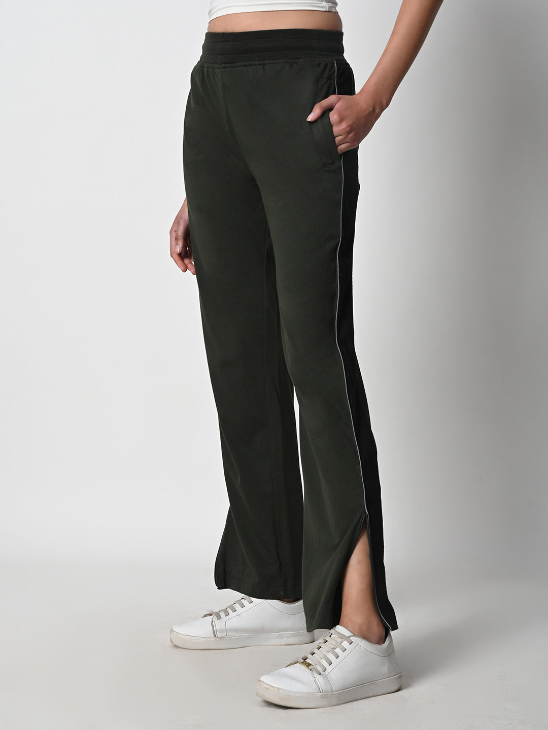 Reflective Side Stripe Cotton Track Pant for Women (Olive Green)