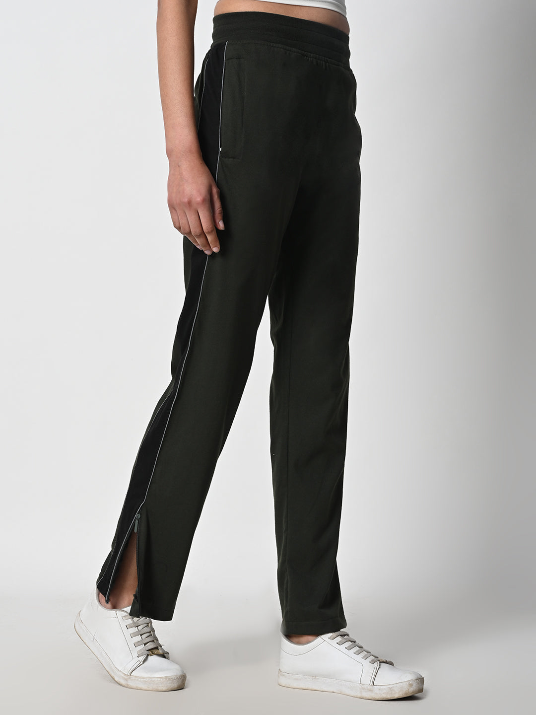 Reflective Side Stripe Cotton Track Pant for Women (Olive Green)