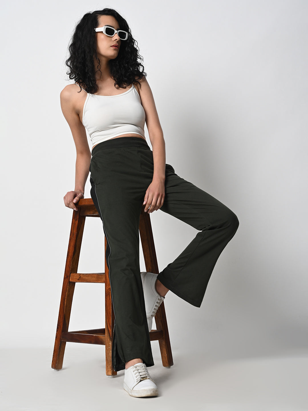 Reflective Side Stripe Cotton Track Pant for Women (Olive Green)