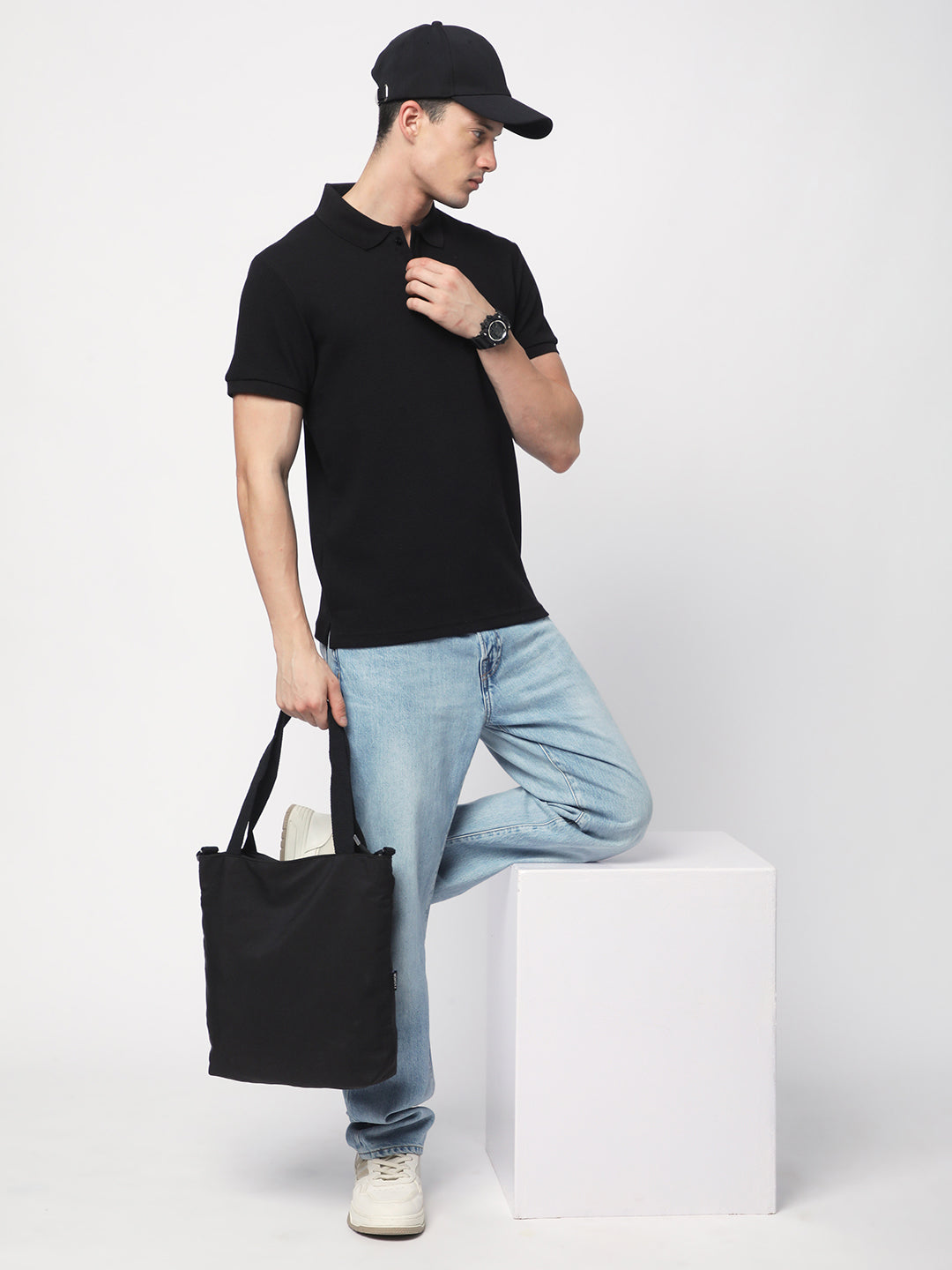 Textured Knit Polo T-shirt (Black)