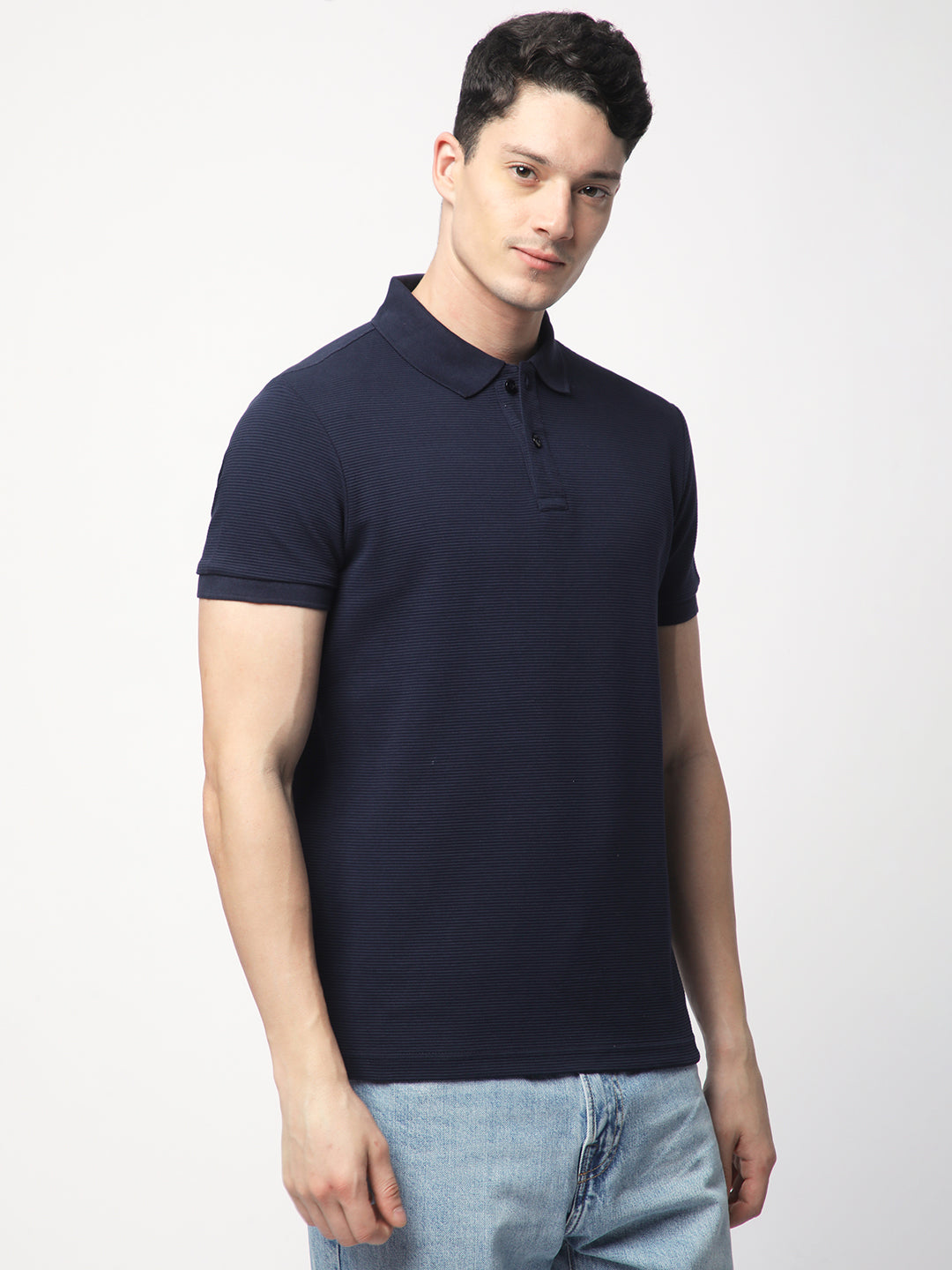 Textured Knit Polo T-shirt (Navy)