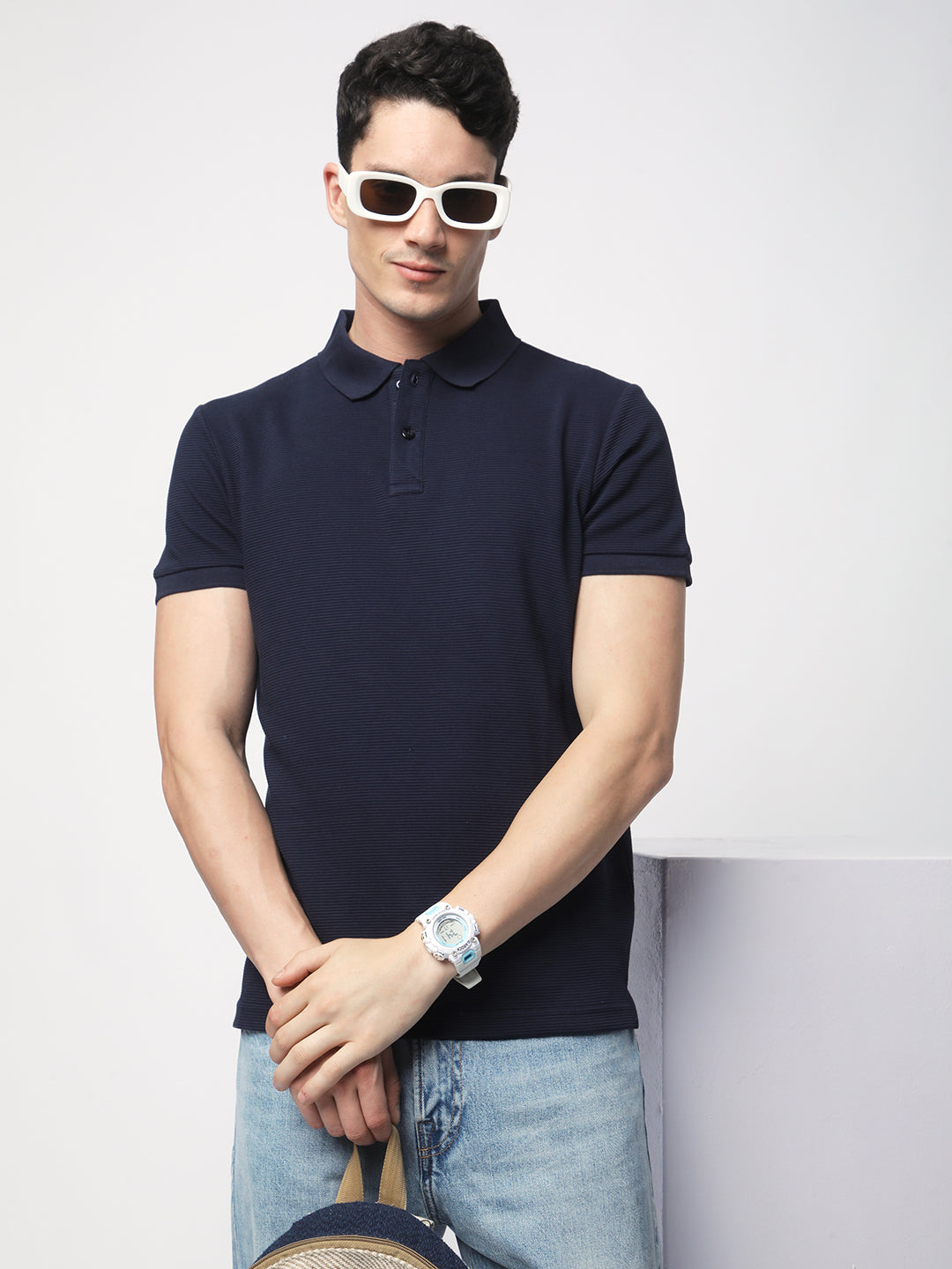 Textured Knit Polo T-shirt (Navy)
