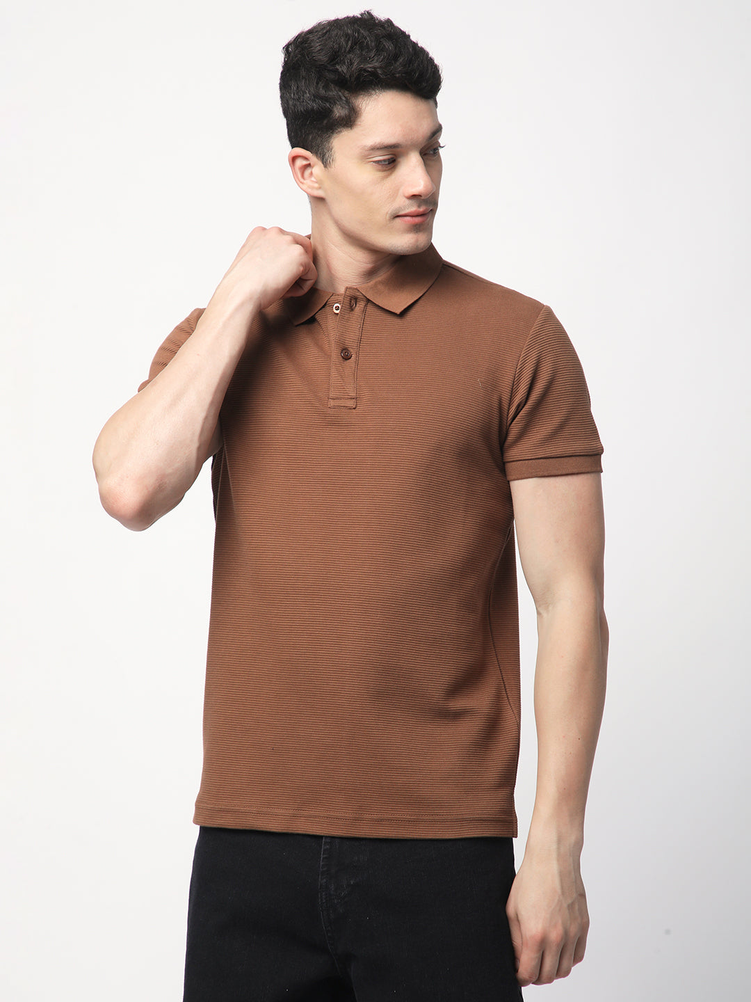 Textured Knit Polo T-shirt (Brown)