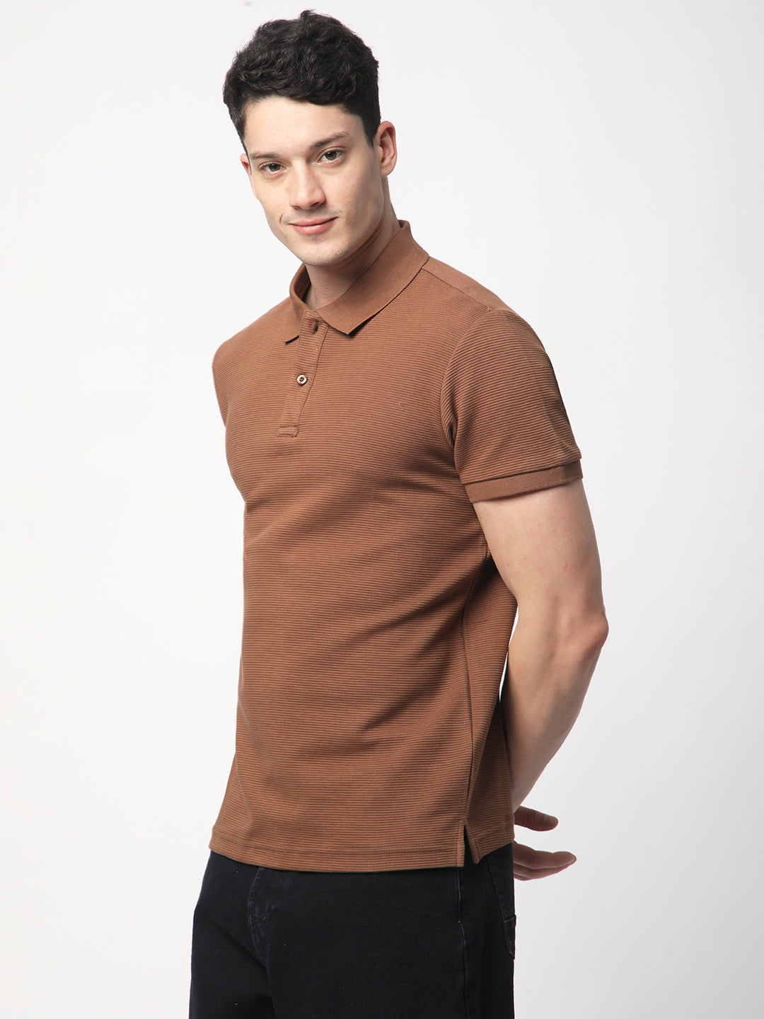 Textured Knit Polo T-shirt (Brown)