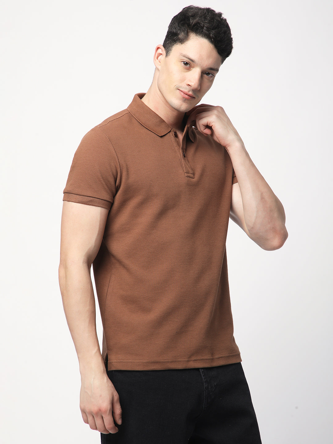 Textured Knit Polo T-shirt (Brown)