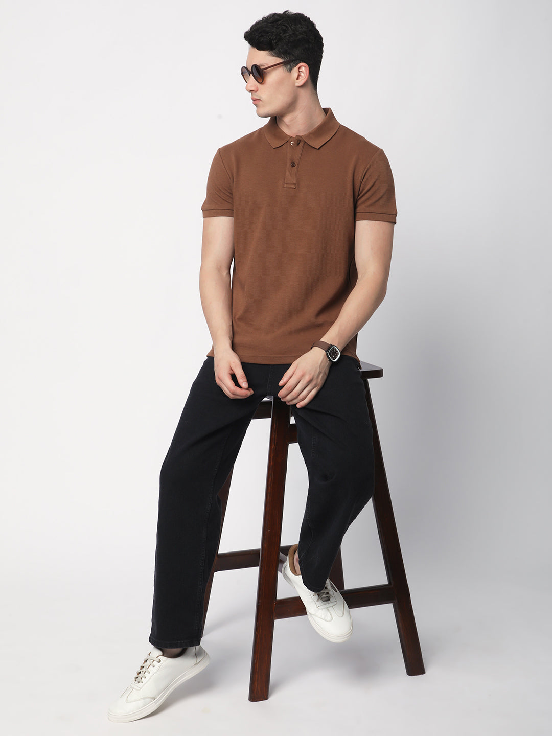 Textured Knit Polo T-shirt (Brown)