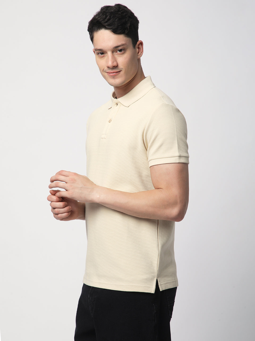 Textured Knit Polo T-shirt (BEIGE)
