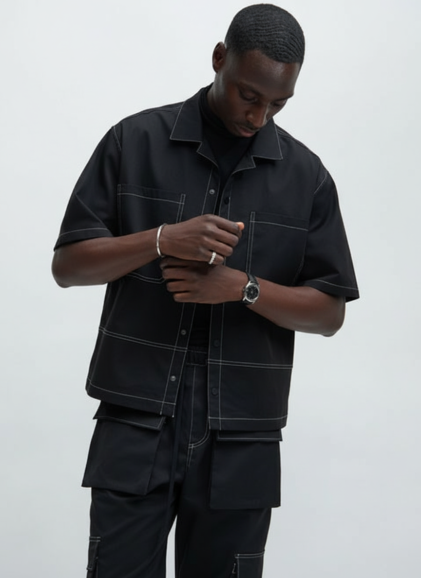 Boxy Fit Contrast Stitch Shirt (Black)
