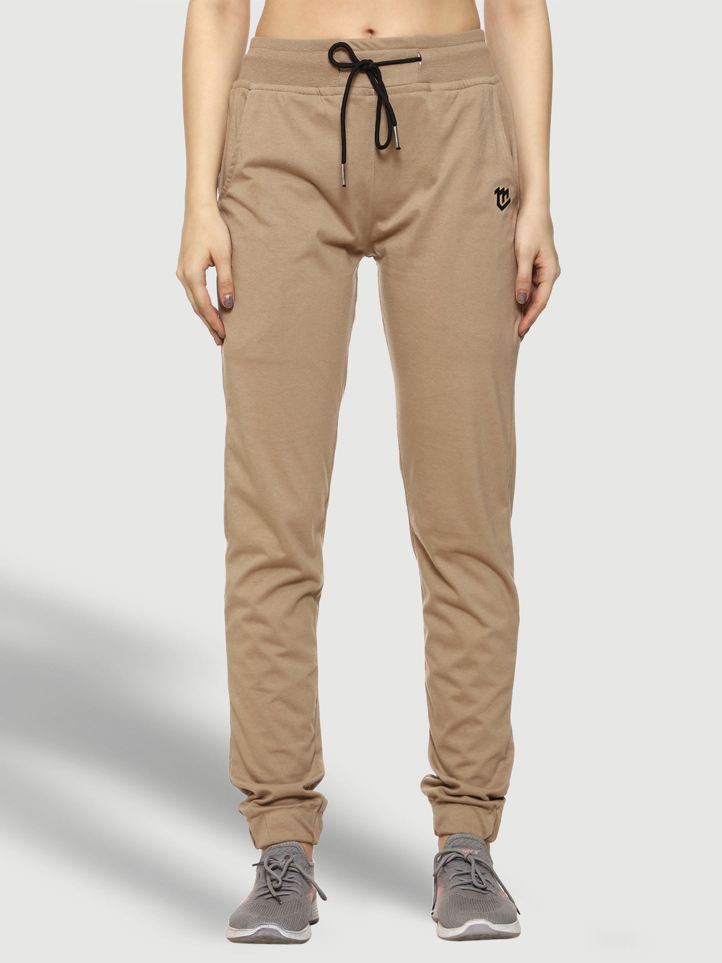 Beige Elastic Bottom Cotton Track Pant For Women