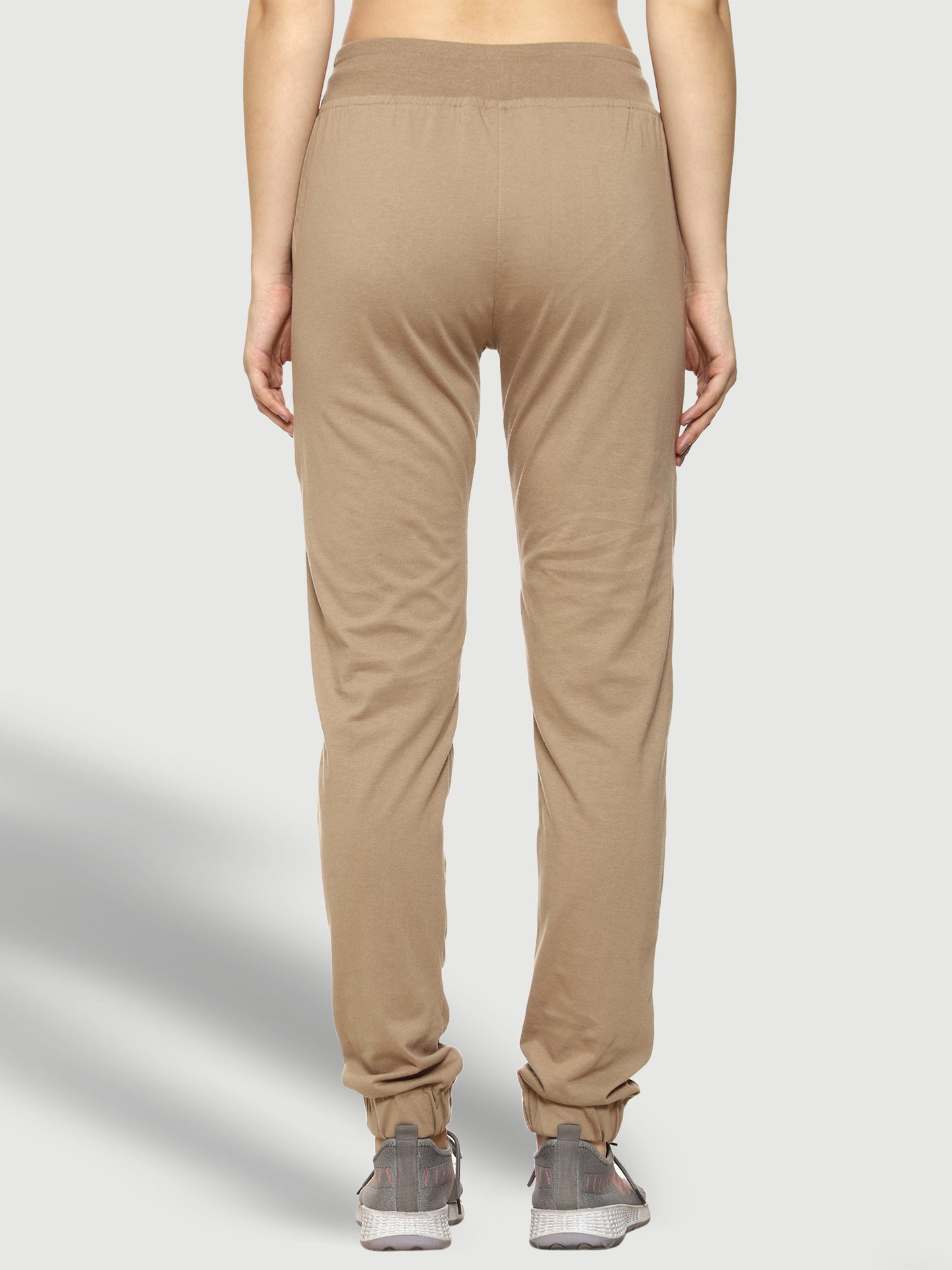 Beige Elastic Bottom Cotton Track Pant For Women