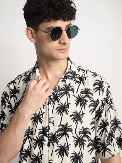 Palm Print Off-White Shirt For Men.