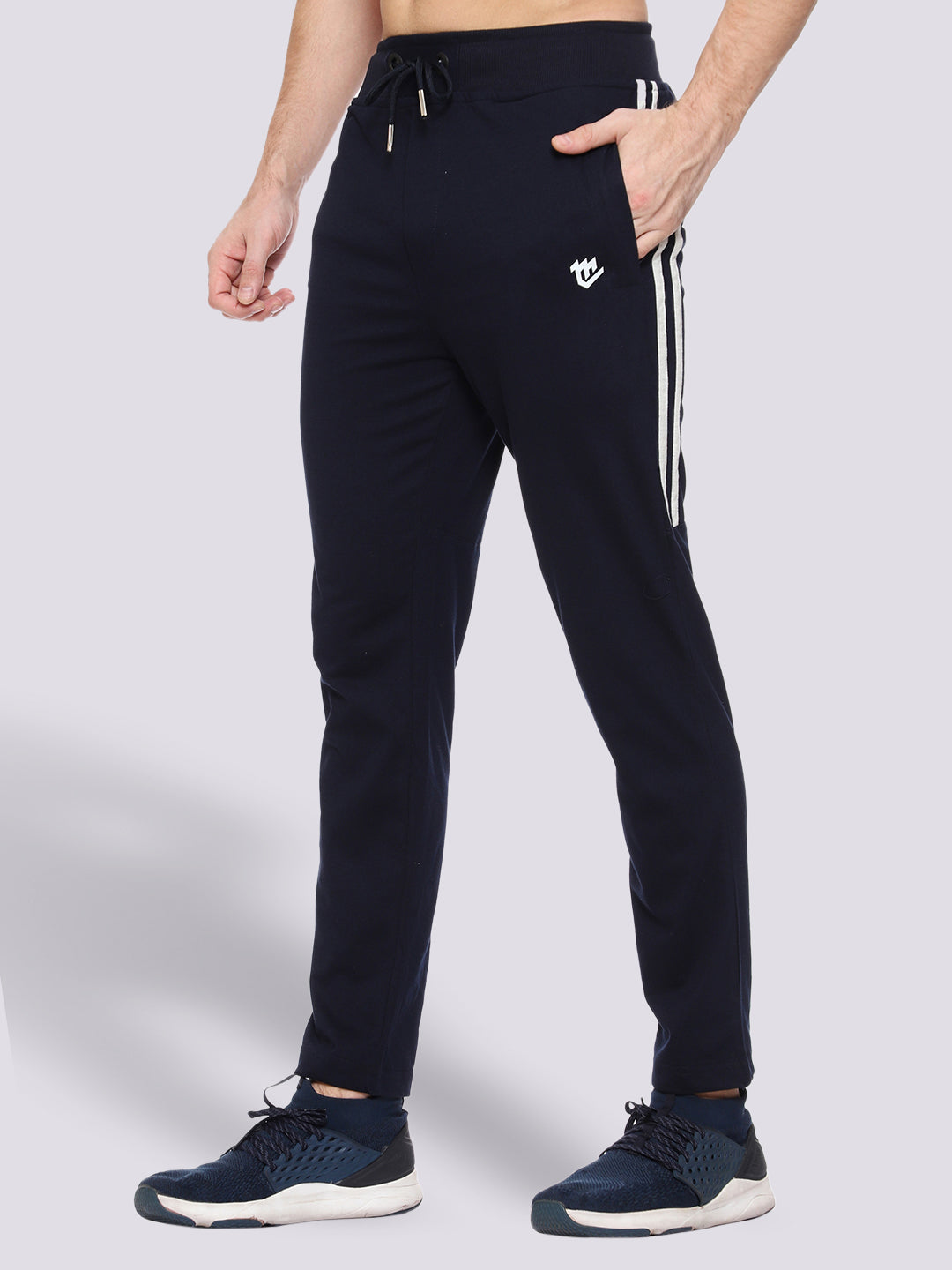 Side Stripe Blue Cotton Track Pant for Men