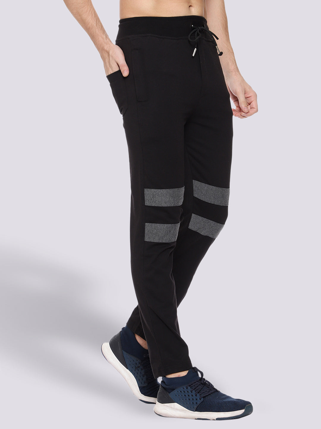 Black Front Stripe Cotton Track Pant for Men
