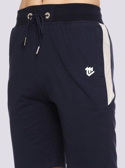 Navy Blue Color-Blocked Shorts For Men