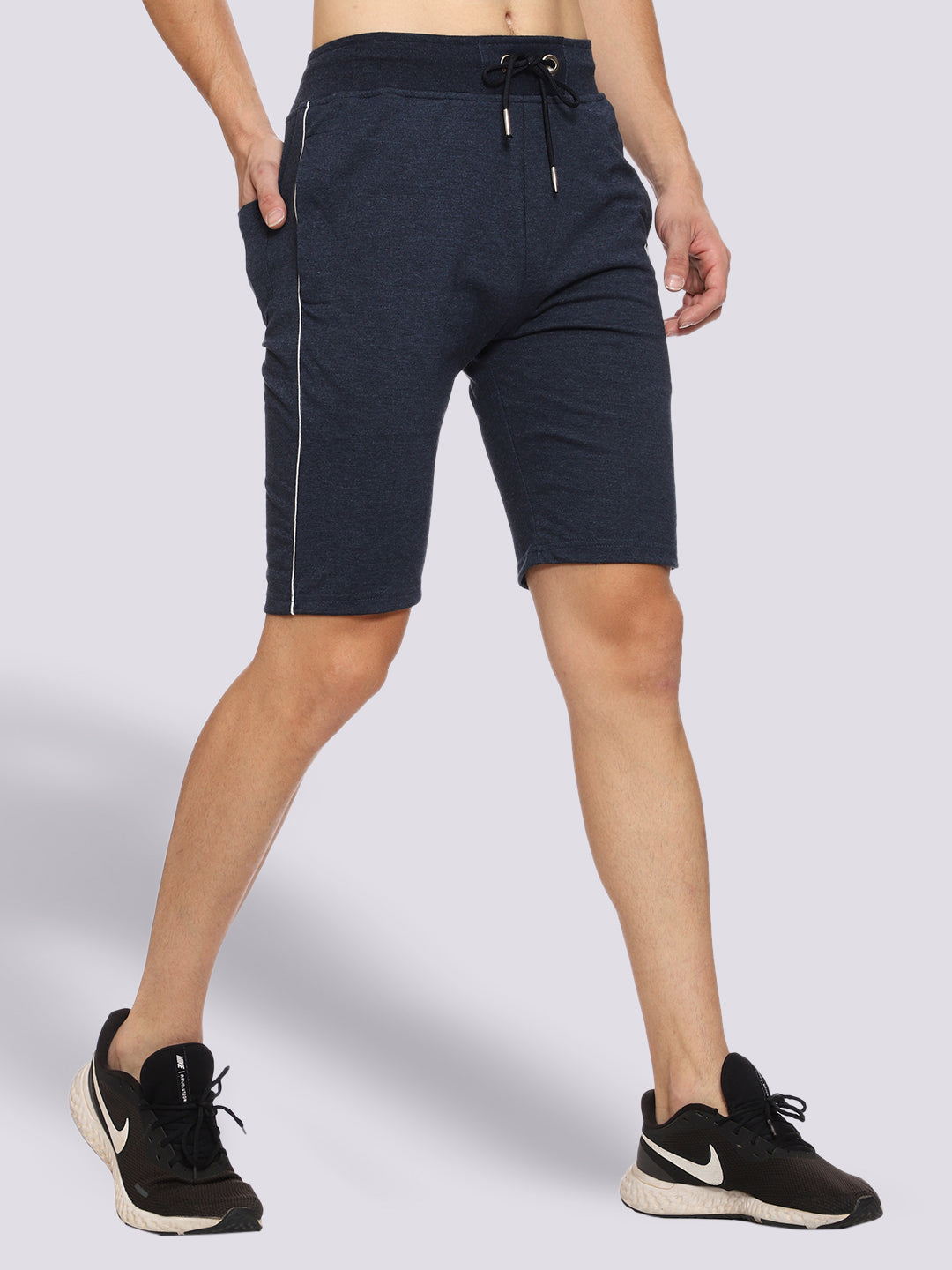 Side Piping Melange Blue Shorts For Men