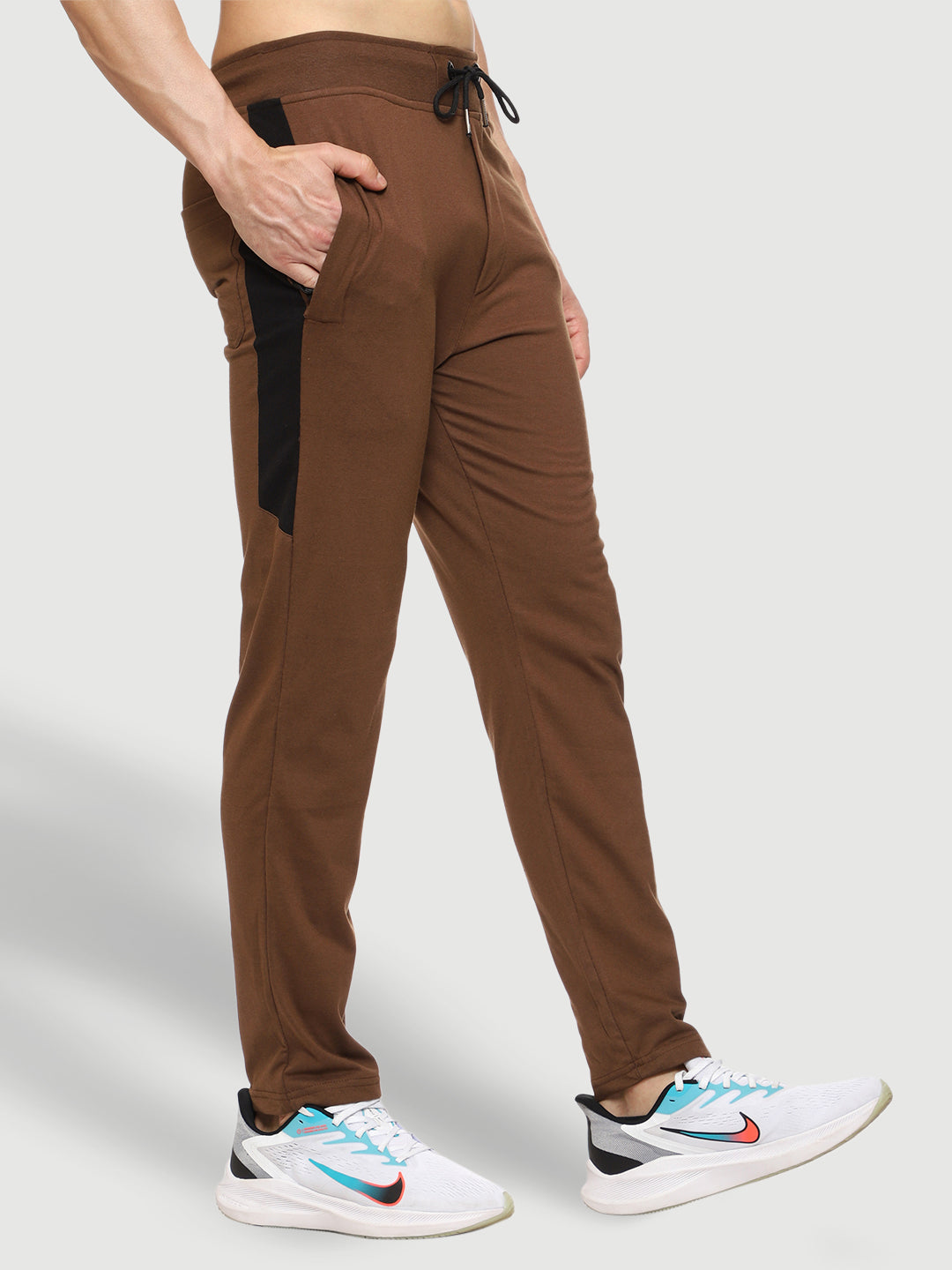 Brown Color-Blocked Cotton Track Pant for Men.