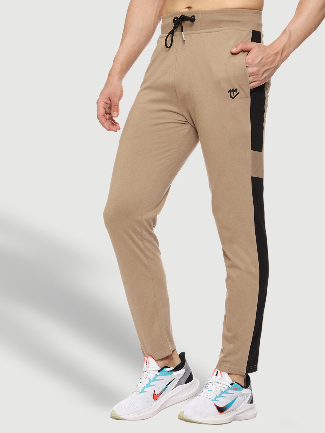 Beige Side Stripe Cotton Track Pant for Men