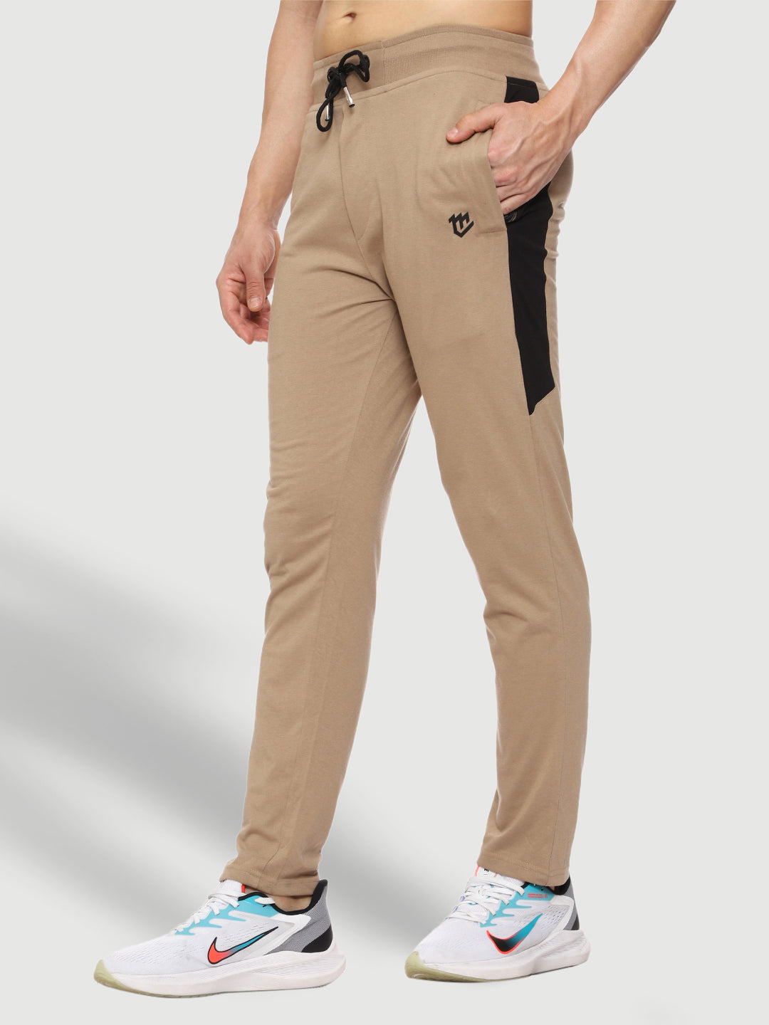 Beige Color-Blocked Cotton Track Pant for Men.