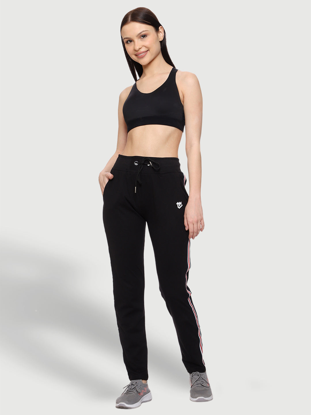 Colorful Side Stripe Black Cotton Track Pant For Women